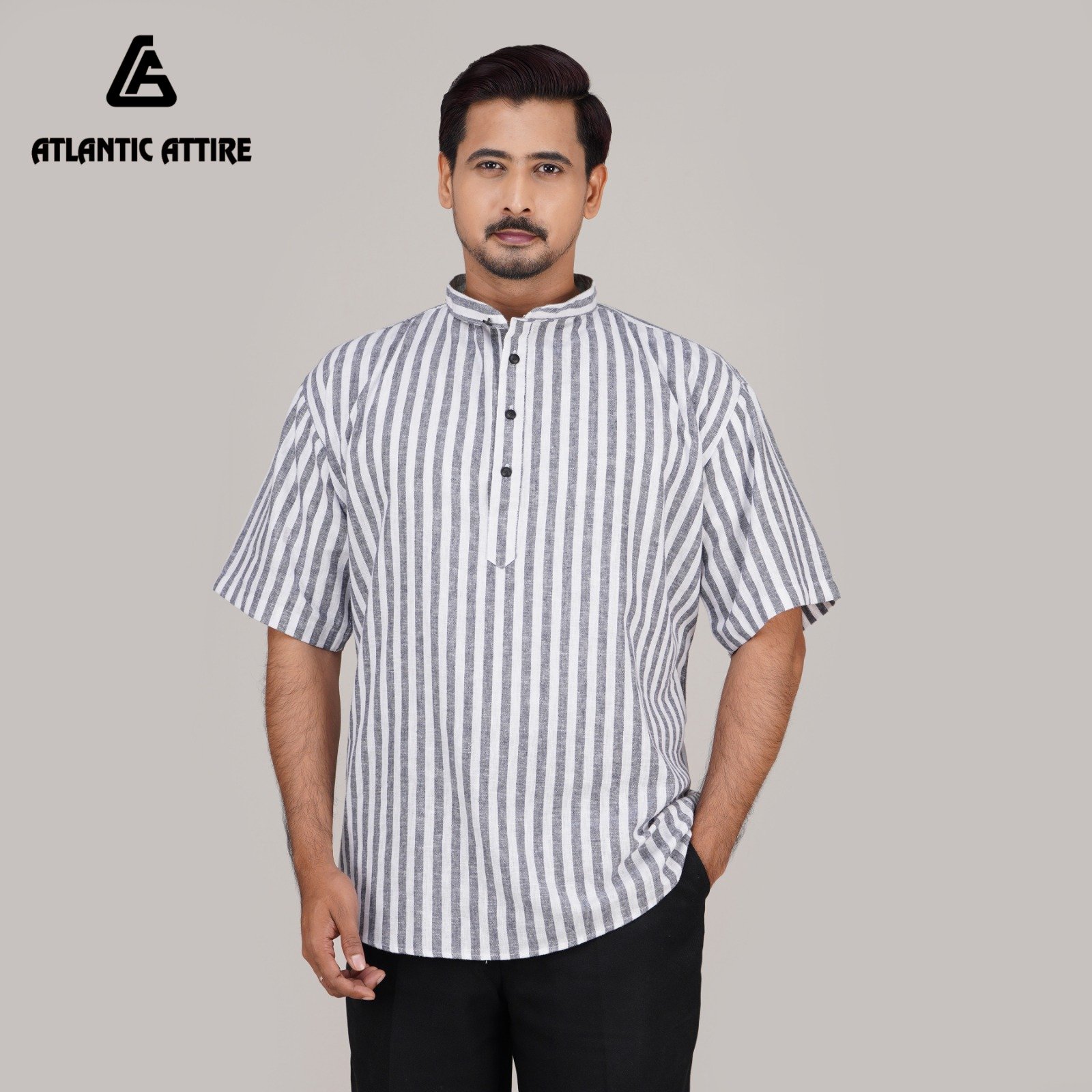 Premium Linen Striped Band Collar Katua! đĨ
