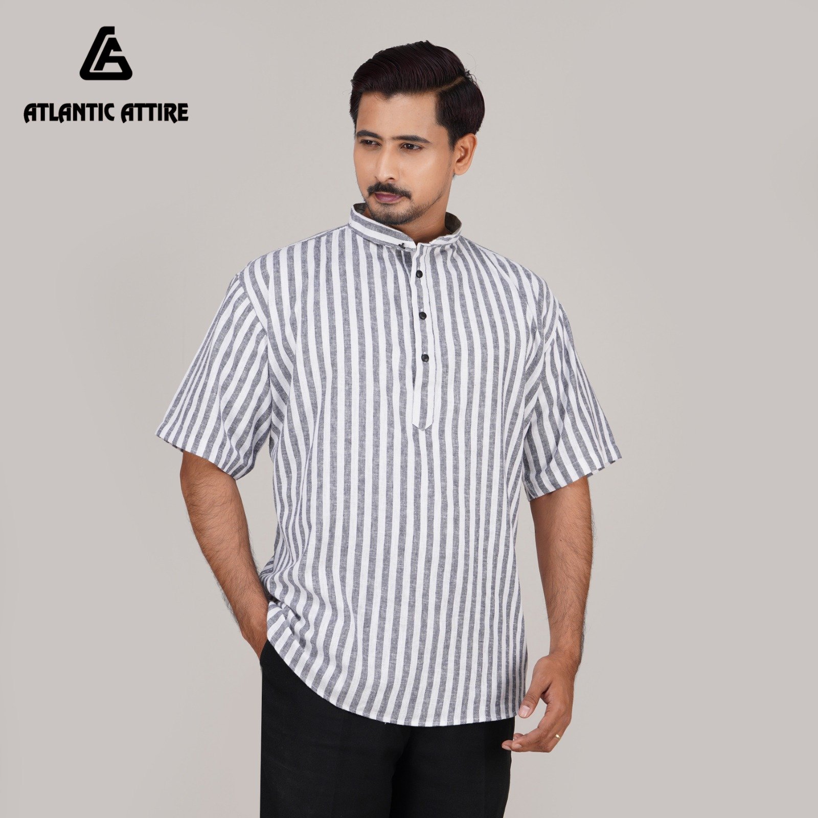 Premium Linen Striped Band Collar Katua! đĨ - Image 2